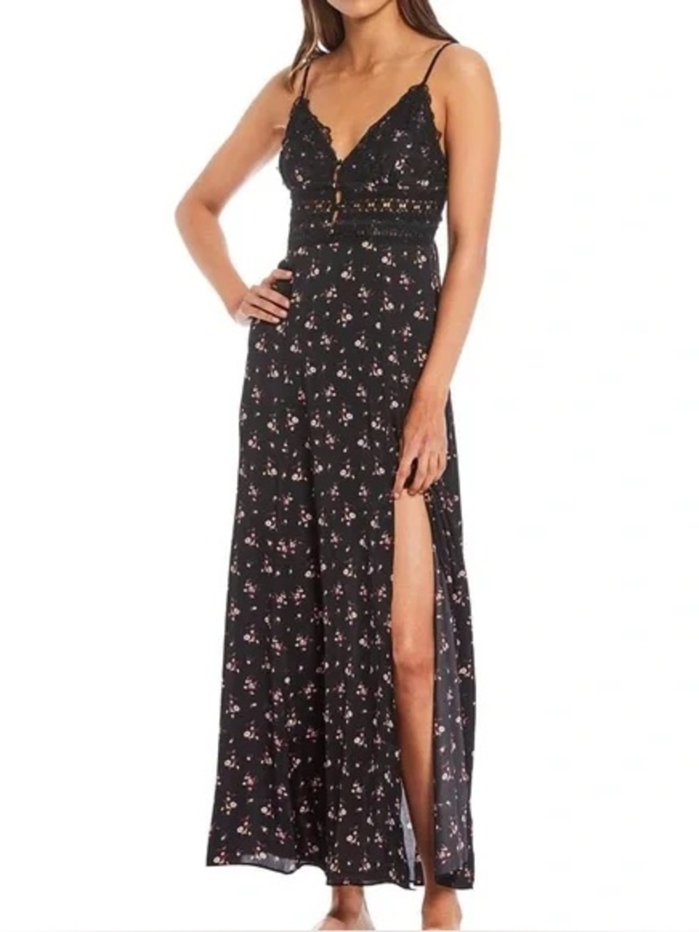 Free People Black Floral Lace-Trim Maxi Dress